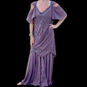 90s Does 30s Great Gatsby Purple Beaded Flapper Dress Gown Sequins Beaded Sz M L